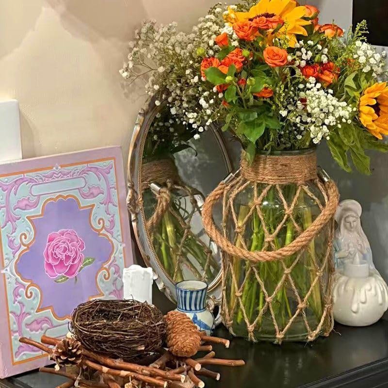 Set of 2 Rattan Hanging Mason Vase - Decorative Jars With Rope for Wedding Party Table Sea Beach Decor (2 Vases 8'') - Image 7