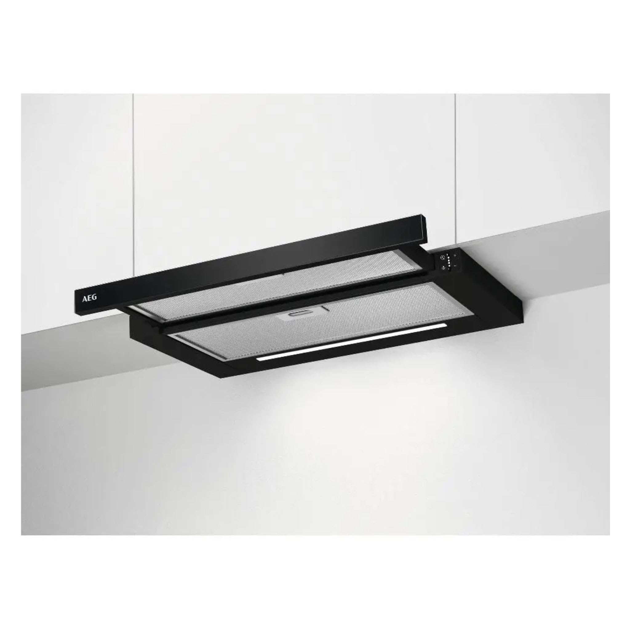 AEG DPE5660B Cappa aspirante a schermo piatto – Scarico o Ricircolo – Max 600 m³/h in modalità di scarico con max. 68 dB(A) – Classe energetica A – Illuminazione a LED – Tasti di pressione – Nero