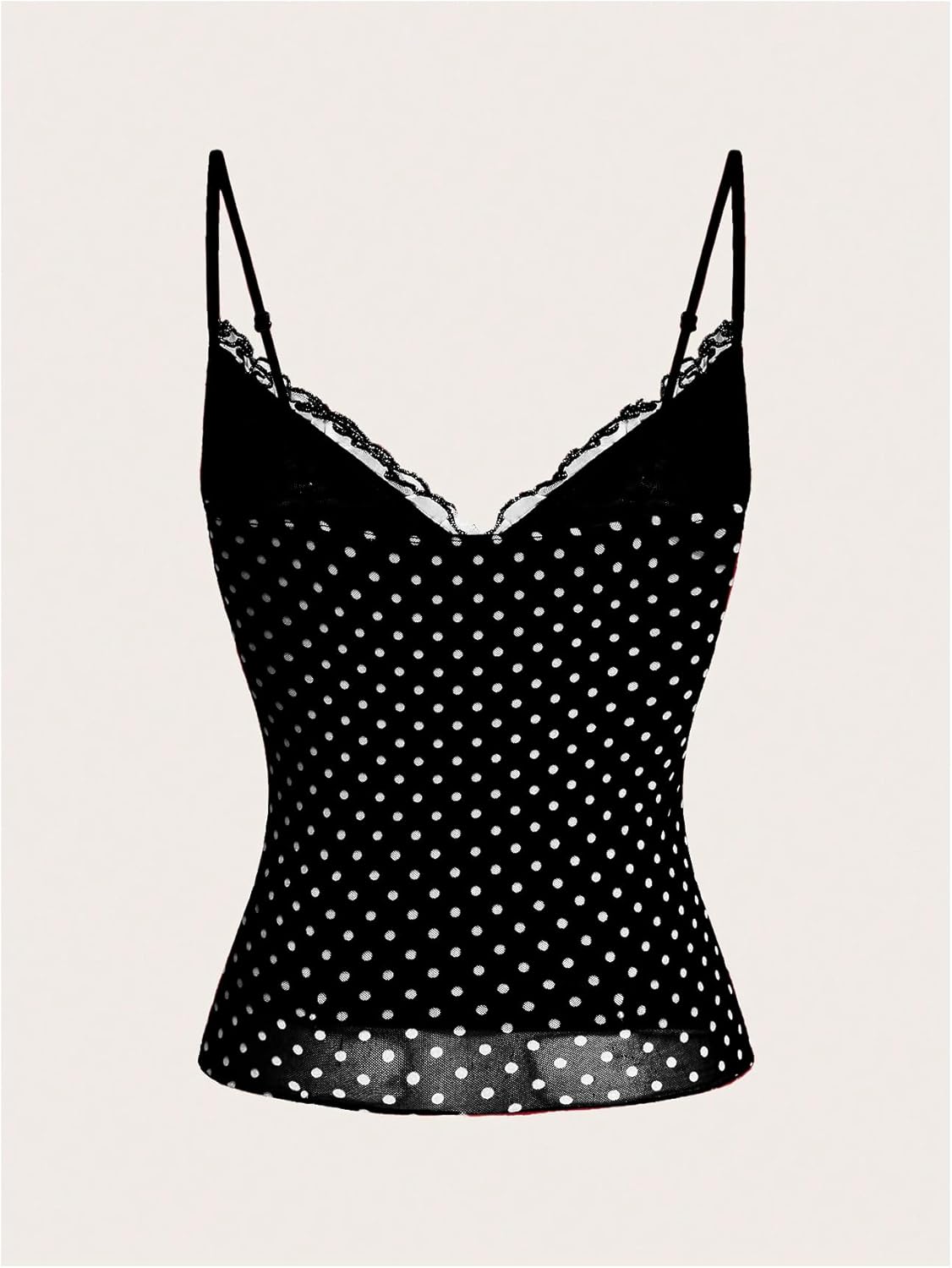 Women's Polka Dots Cami Tops Coquette Mesh Lace Trim V Neck Ruffle Hem Camisole Spaghetti Strap Y2k Tops - Image 2