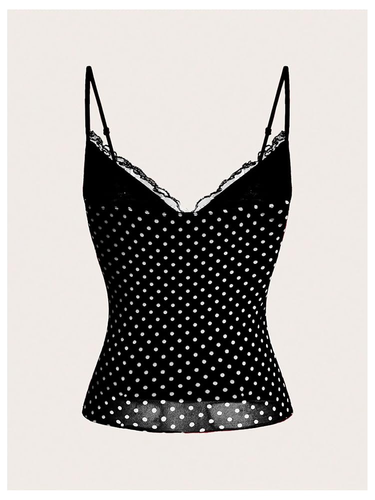 BEAUDRM Women's Polka Dots Cami Tops Coquette Mesh Lace Trim
