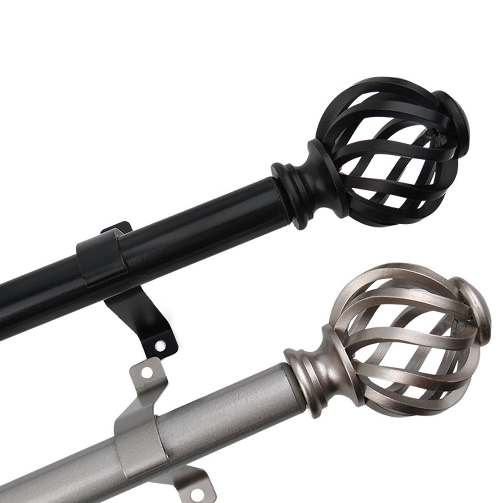 Robuste, Dekorative Einzel Fensterstange, Ausziehbare Gardinenstange, Gardinenstange 32-47 in, Vorhangstange mit Gedrehten Käfigendstücken mit Halterung, Gardinenstange(Color:silber)