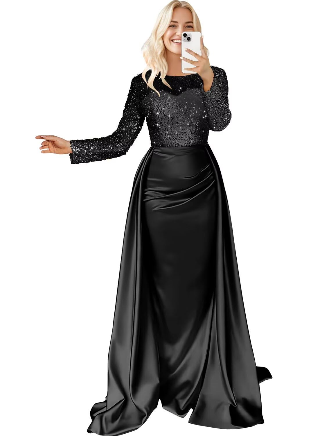 Satin Sequin Prom Dresses for Women 2026 Long Sleeves Mermaid Formal Evening Party Ball Gown with Train