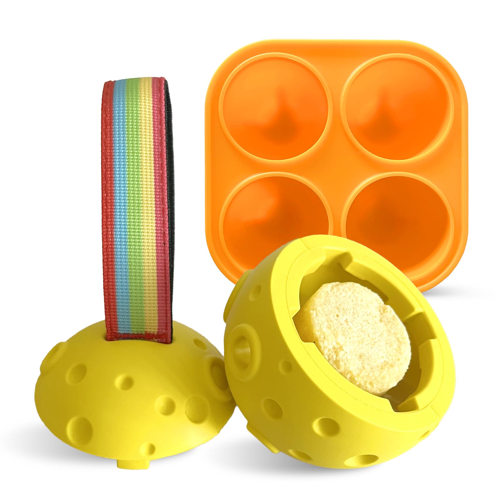 ThomP Pelotas para Perros Grandes,Pelota interactiva Perro de Caucho Natural Pelota Perro indestructible con moldes para Cubitos de Hielo y Correa de Mano Juguetes para Perros 9,2cm-Amarillo