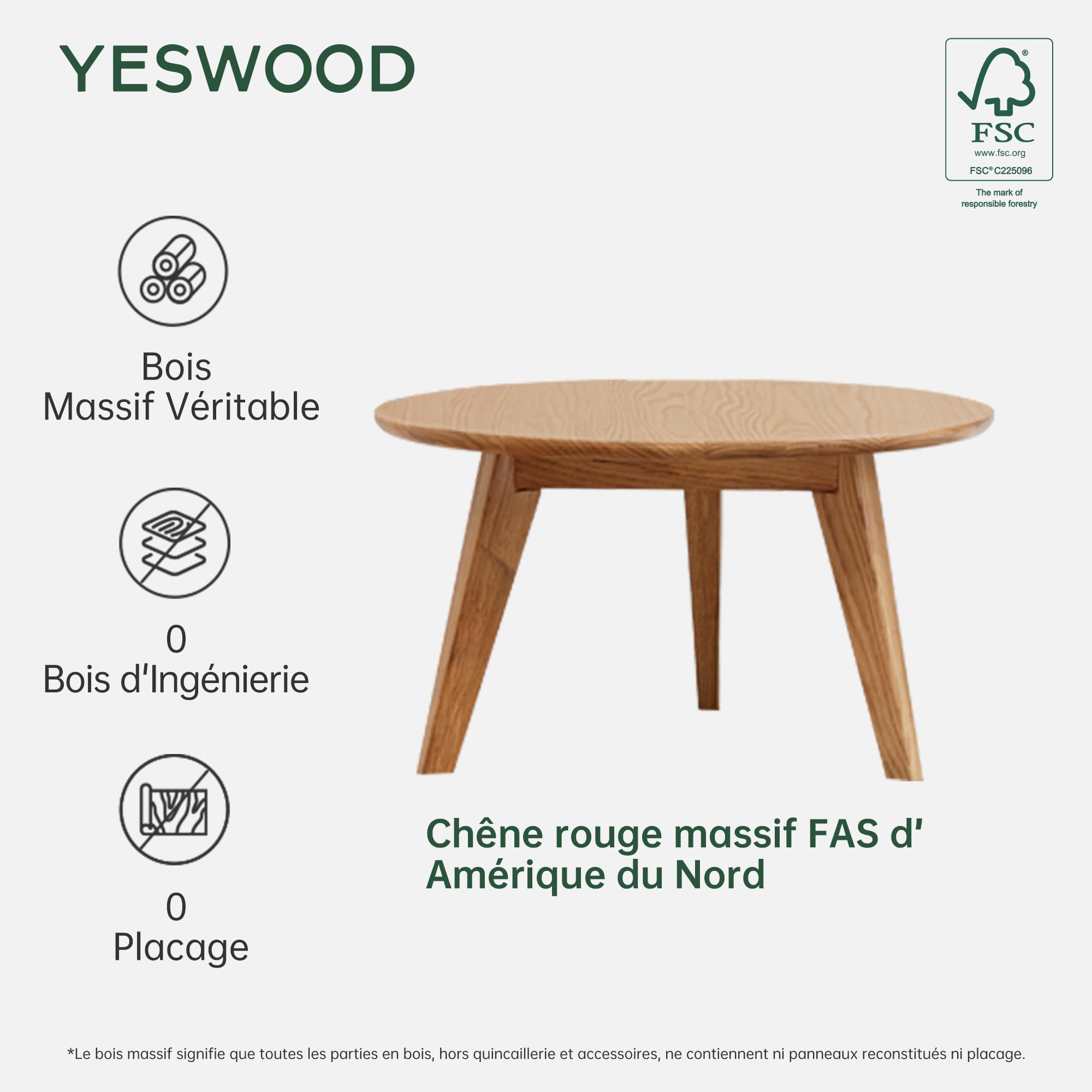 YESWOOD Table Basse Ronde en Chêne Massif, Style Moderne, Table d’Appoint pour Salon, Balcon, 60 x 60 x 35 cm, Chêne Naturel