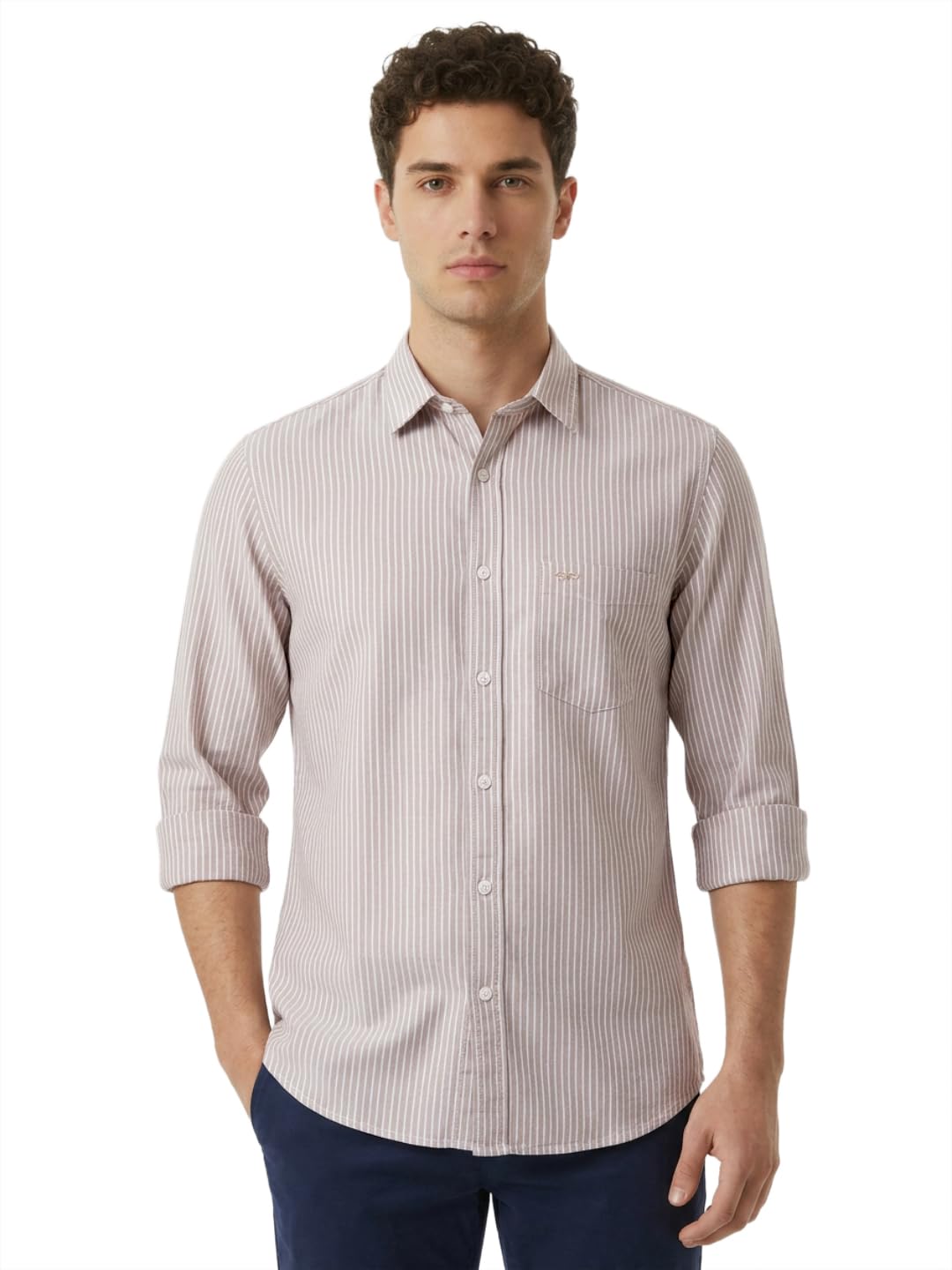 colorplus Men Regular Fit Stripe Pattern Pure Cotton Plain Collar Full Sleeve Casual Shirt-picture-35