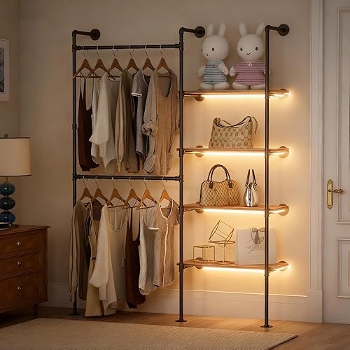 DABILONGC Industrial Pipe Clothes Racks with LED Lights& Shelves, Heavy