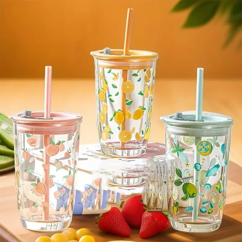 Image of KELVEE Reusable Glass Tumbler with Airtight Lid and Straw Pack of 1, 400ml Leakproof Travel Coffee Mug Sipper Bottle for Fruit Juice Cocktail Green Tea Smoothie Cup (Cherry)