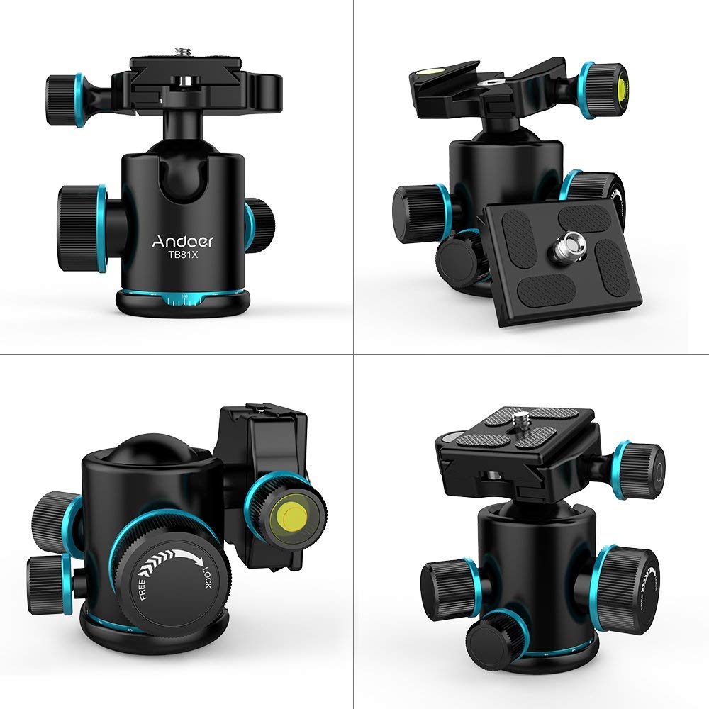 Andoer Kugelkopf Stativkopf 360 Grad Drehbar Panorama-Kugelkopf für Stativ Einbeinstativ Slider DSLR-Kamera mit 3pcs Schraube Adapter