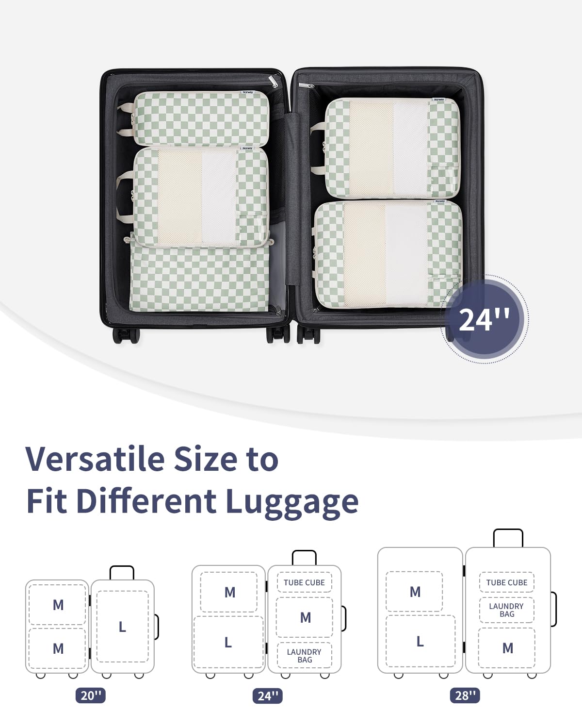 Narwey Organizer Valigia 5 Pezzi Packing Cubes Compression, Organizer Valigia Viaggio Compressione Salvaspazio, Organizer Viaggio Accessori Utili per Vestiti Scarpe Deposito (Scacchiera Verde Menta)