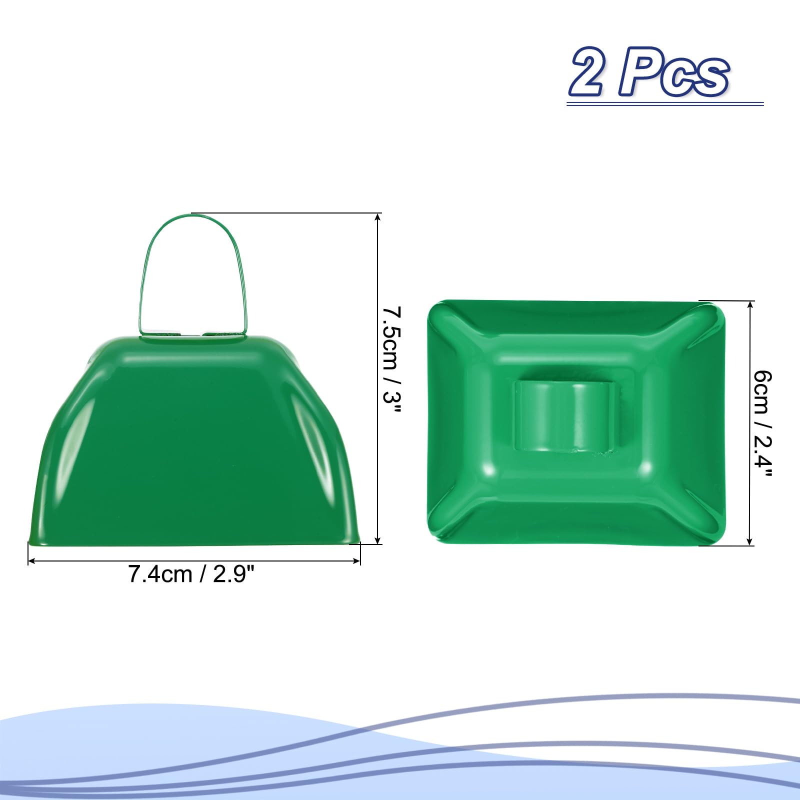 PATIKIL 2pcs Cow Bells for Football Games 3inch Cowbells for Sporting Events Bulk Loud Noise Makers Metal Cow Bell with Handle for Cheering Competition Marathon Wedding Green - Image 2