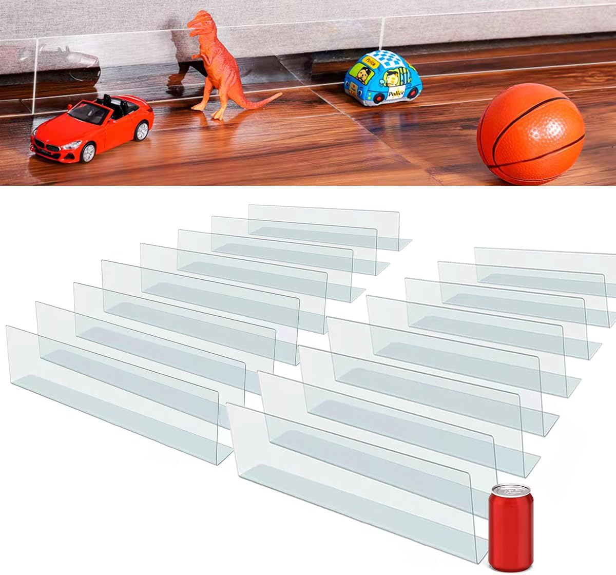 252'' Total Length Under Sofa Blocker – 16 Pack, 4.7'' H x 15.8'' Each, Adjustable Clear Couch Gap Bumper, Strong Adhesive Toy & Pet Barrier to Stop Items from Going Under Bed