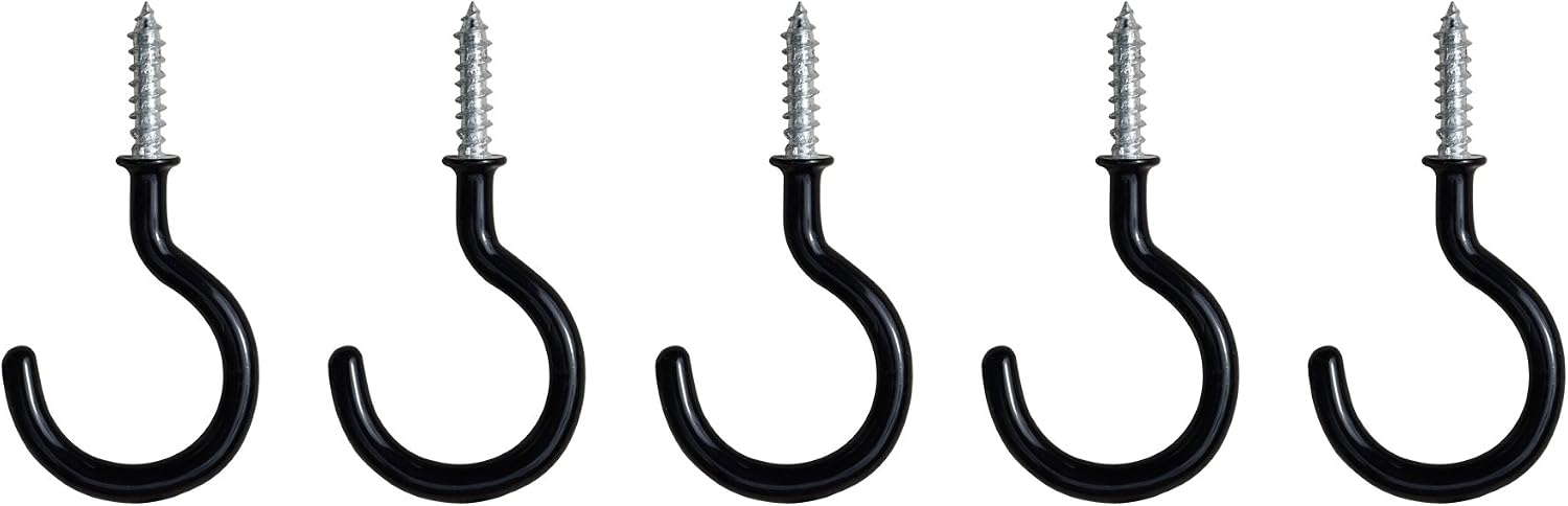 Vinyl Coated Ceiling Hook, Pack of 5, Black, For Cups, Mobiles, Wind Chimes, Lanterns and More, Indoor and Outdoor Use, Christmas Light Hooks