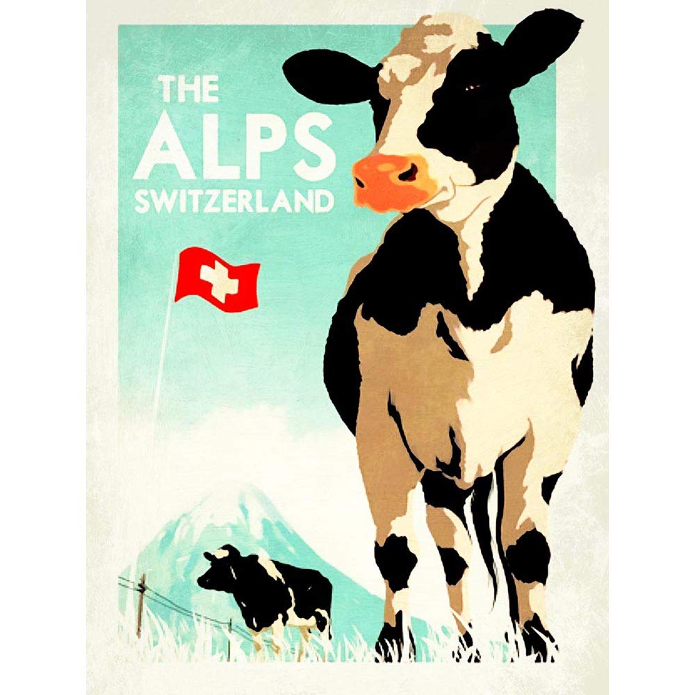 Wee Blue Coo Travel Tourism Switzerland Cow Alpine Flag Snow Mountain Art Print Poster Wall Decor 12X16 Inch
