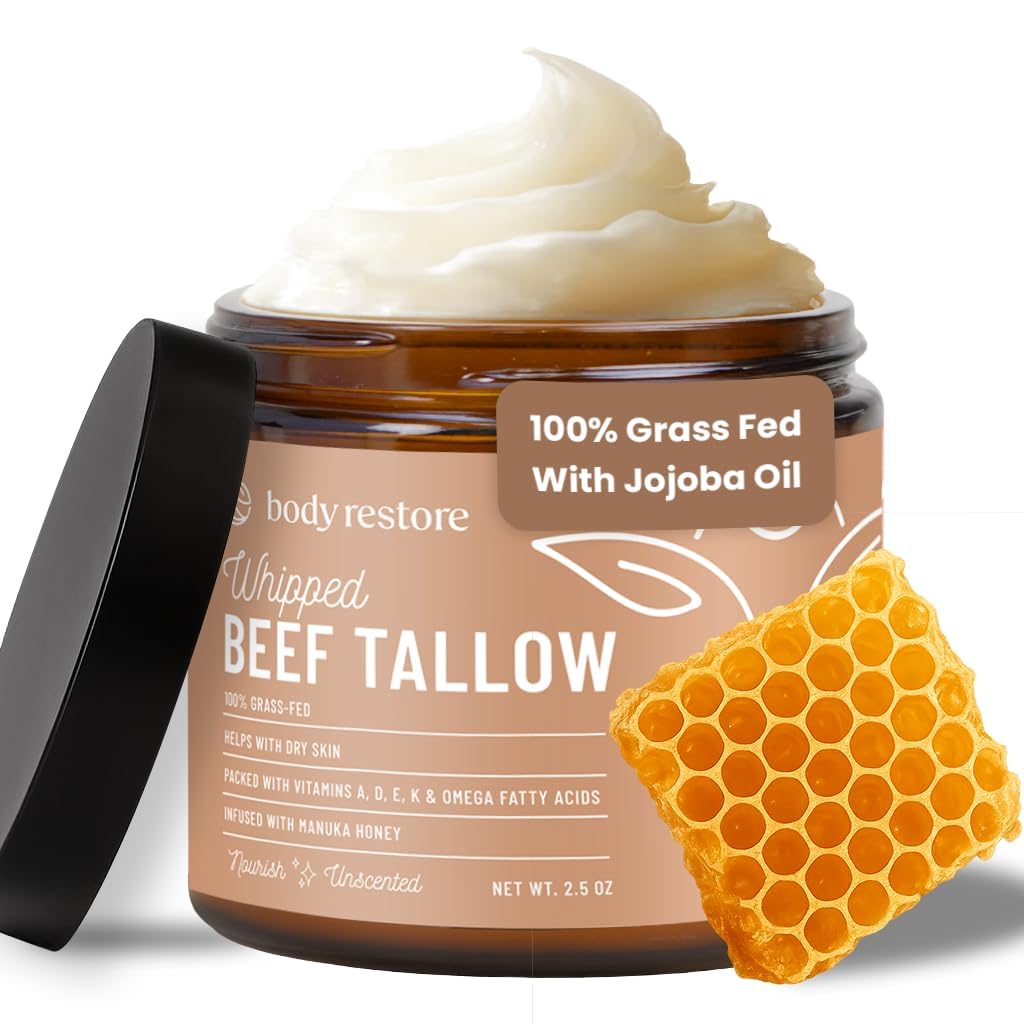 Body Restore Grass Fed Whipped Beef Tallow Balm for Face & Body – Manuka Honey, Jojoba Oil, Cocoa Butter – Deep Moisture for Dry, Cracked Skin –