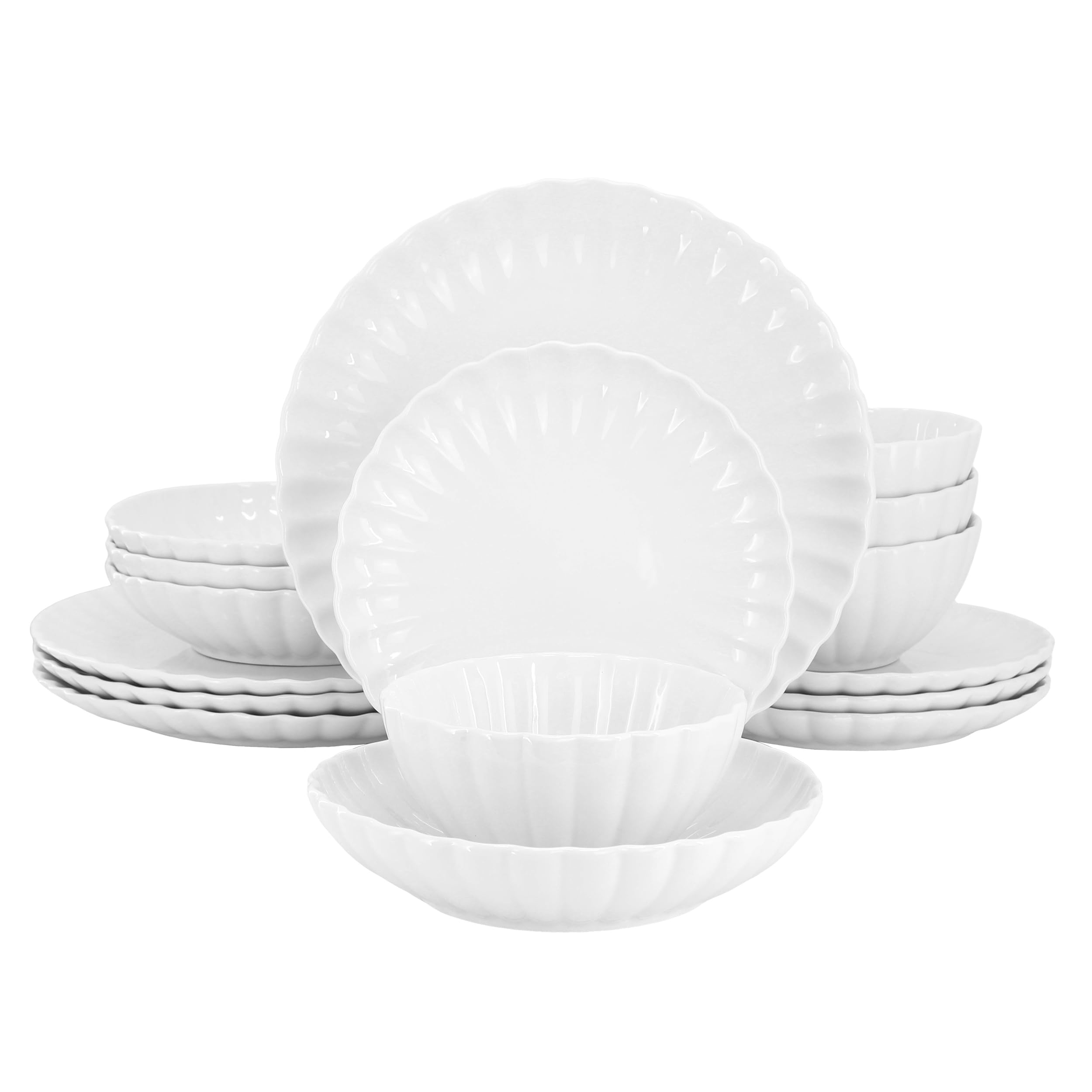 Elama Jane Geschirr-Set, Doppelschüsseln, Porzellan, Weiß, Serviergeschirr, Geschirr, Schüsseln, Teller-Set, 16-teilig (Jane)