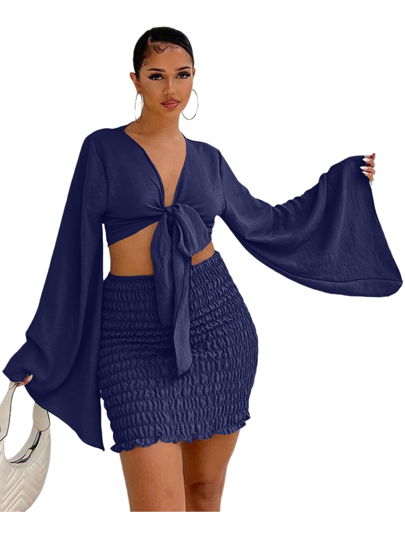 LYANER Women's 2 Piece Outfits Tie Knot Front Bell Long Sleeve Crop Top and Mini Skirt Set