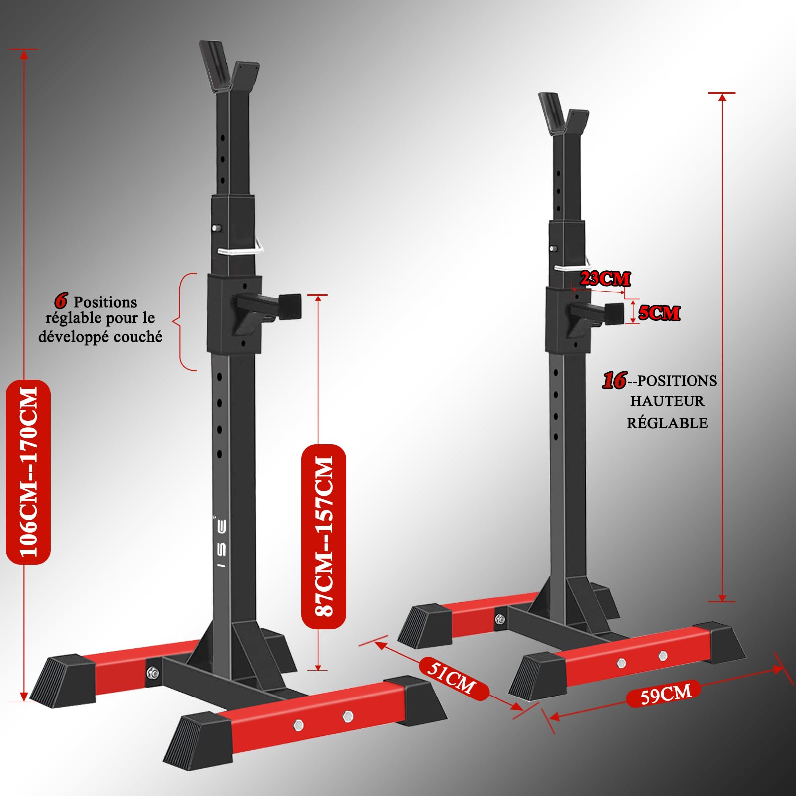 ISE Rack Musculation Multifonction, Squat Rack Adjustable, Rack Squat, Chandelle Musculation 16 Position Hauteur Réglable, Avec Support Barre Super Stabilité, Fitness à Domicile, Capacité Elevée 200KG