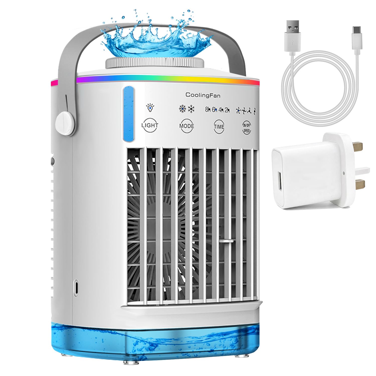 Portable 5-in-1 Air Cooler Fan,Dual Ice Mist Cooling,7-Color Light,12H Timer,Ultra-Quiet Mini AC for Home Office Desk Bedroom,UK Adapter & USB Cable