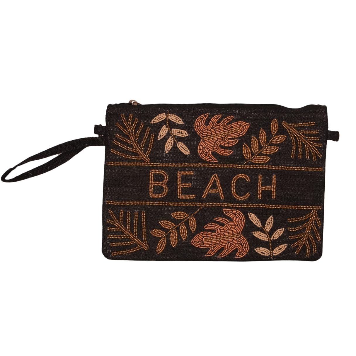 Embroidered Black Jute Pouch – BEACH Tropical Leaf Design-picture-44