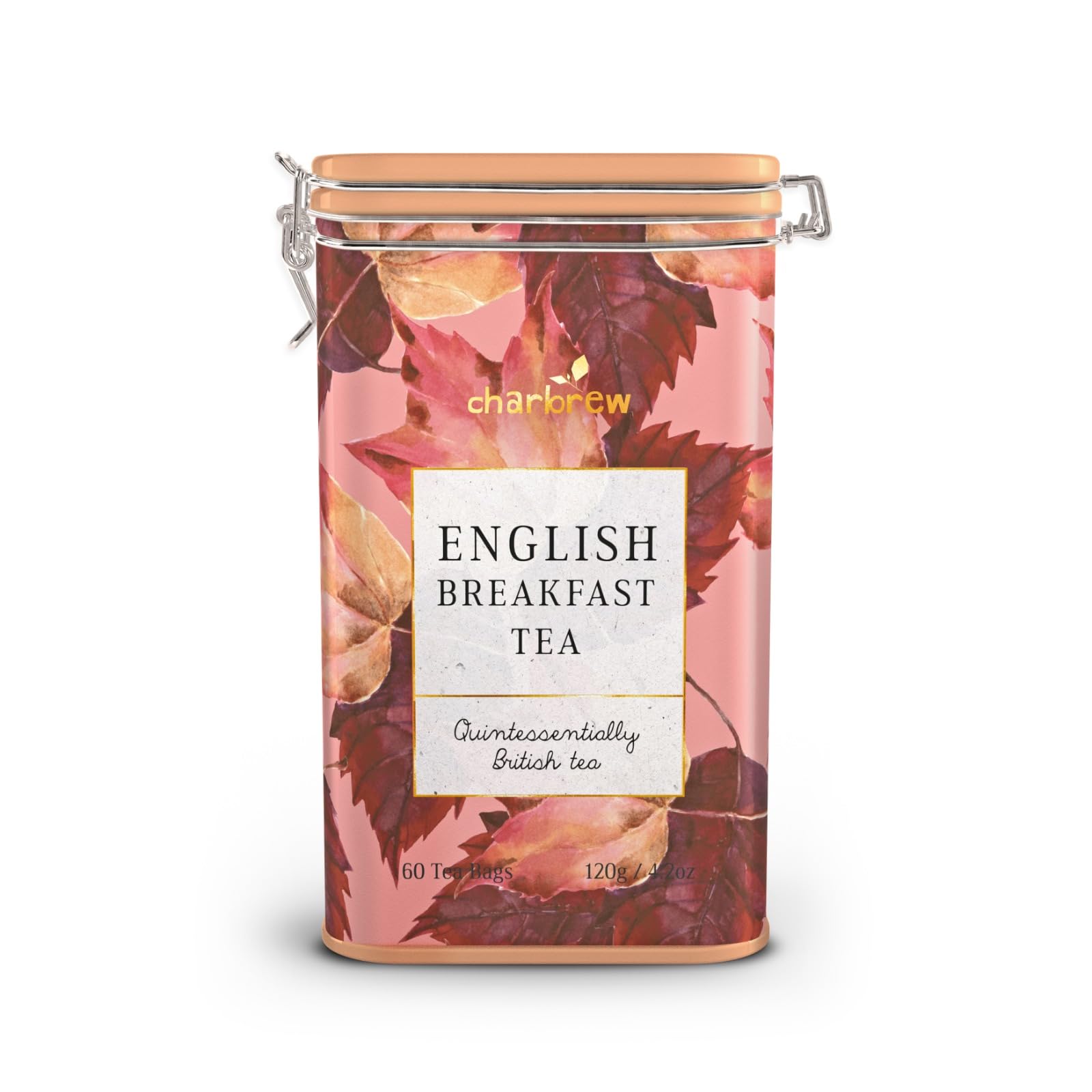 CharbrewAutumn Floral English Breakfast Metal Tea Tin Caddy Gift – 60 Teabags Black Tea