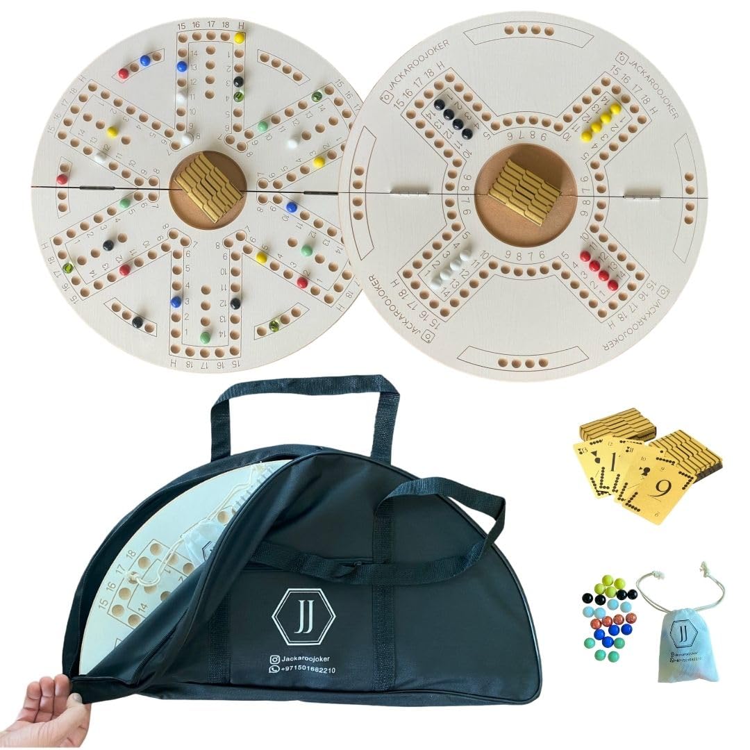 Jackaroo Joker Wooden Board Game for 4 or 6 players double sided Foldable with Bag,Includes 1 Golden Plastic Cards and Marbles, Small bag for Marbles and a bag for Jakaroo