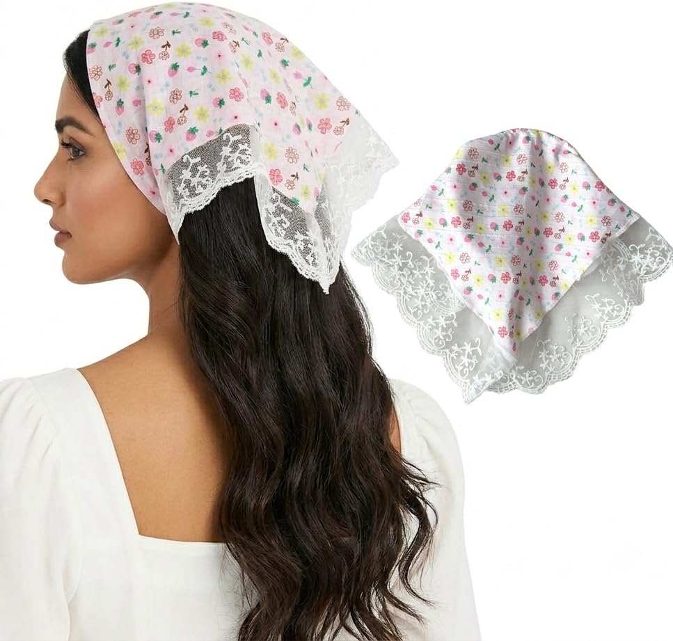 Ayushicreationa 2Pcs Head Scarf for Women Sweet Rose Lace Hair Scarf Lovely Floral Bandanas Countryside Flowers Headpieces French Summer Headbands for Woman Girls-image-25