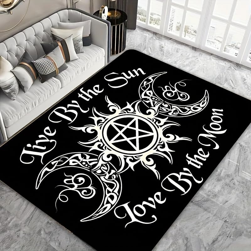 Bycmuoz Black White Sun Moon Area Rug for Bedroom, 180x300cm, Star Boho Celestial Kids Rugs, Mystical Witchcraft Divination Rubber-Backed Mat, Breathable Reduce Noise Carpet for Study Room Floor