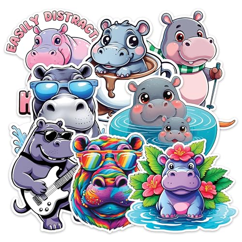 Image of Hippo Sticker 8 Pcs (Large Size) Vinyl Stickers Laptop Waterproof Decal for Car Bumper Water Bottle Notebook Window Funny Party Birthday Decorations - Size 4 Inches