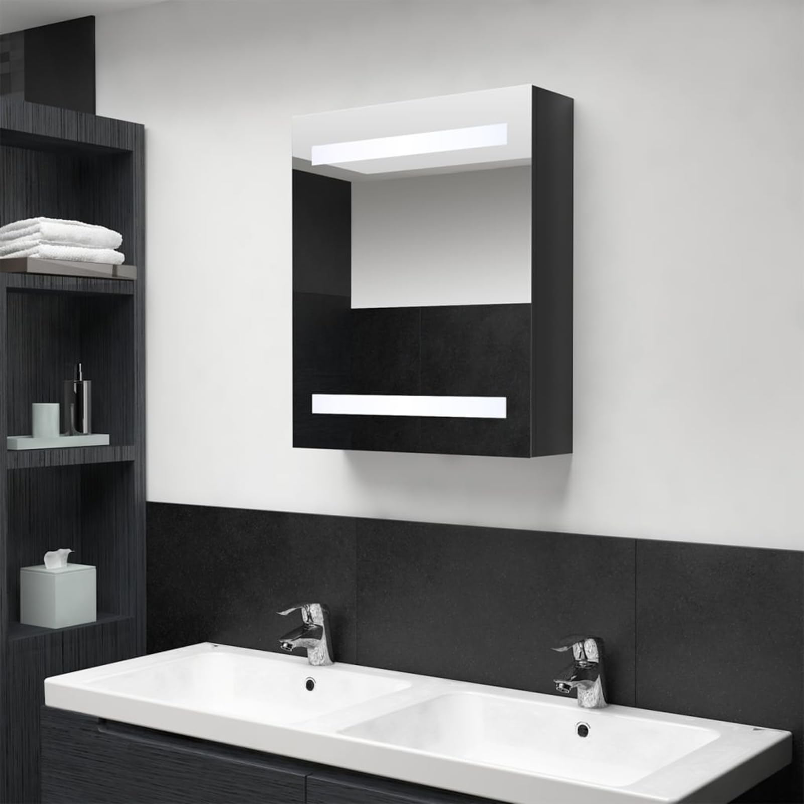 ATOMSTACK MAKER Spiegelschrank Bad, 50x60 cm, glänzend schwarz, MDF+Glas, 3 Ablagen, sanftes Licht für Make-up & Rasur, USB-Stromversorgung (5 V, Netzteil Nicht inkl.)