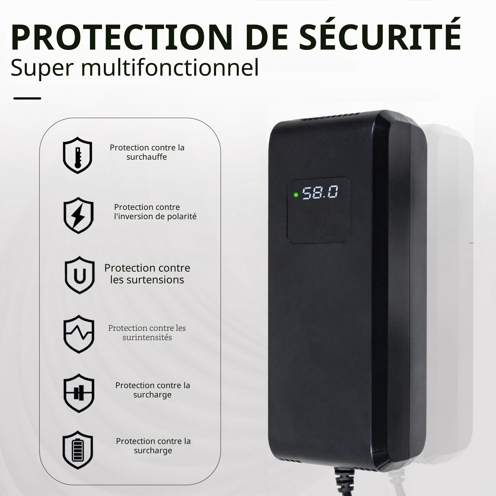 Chargeur de batterie au plomb acide 48 V 4 A, chargeur intelligent avec écran de tension en temps réel pour scooter de mobilité et fauteuil roulant, charge sûre (connecteur à 3 broches type PC)
