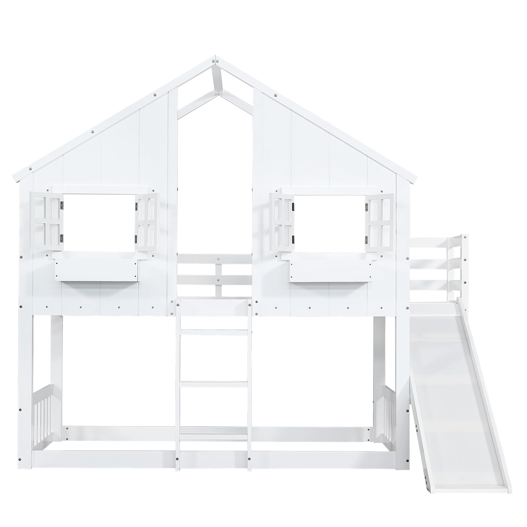 Etagenbett Kinderbett 90x200, Hochbett Hausbett für 2 Kinder, Stockbett mit Rutsche&Leiter&Fenstern&Dach&Aufbewahrungsbox, Doppelbett Holzbett mit Lattenrost&Rausfallschutz, Kiefer, Ohne Matratze,Weiß
