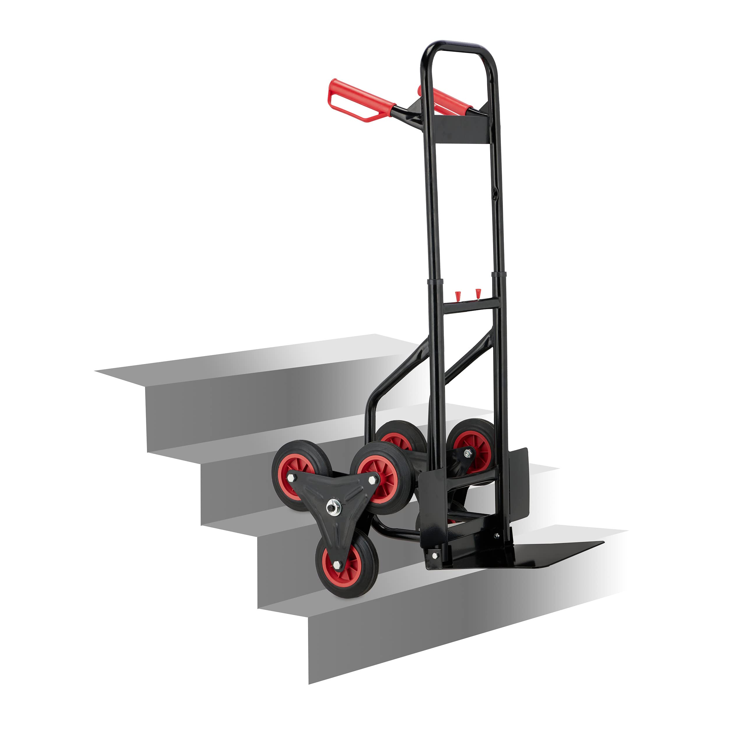 Relaxdays Carretilla Escaleras, Carro Transporte Plegable, máx.200 kg, Ruedas Goma Maciza, Altura Regulable, Negro/Rojo