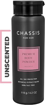 Chassis Her Talc-Free Body Powder with Hydro-Shield Technology, Unscented Feminine Corn Starch Powder for Women, Sweat and Odor Control