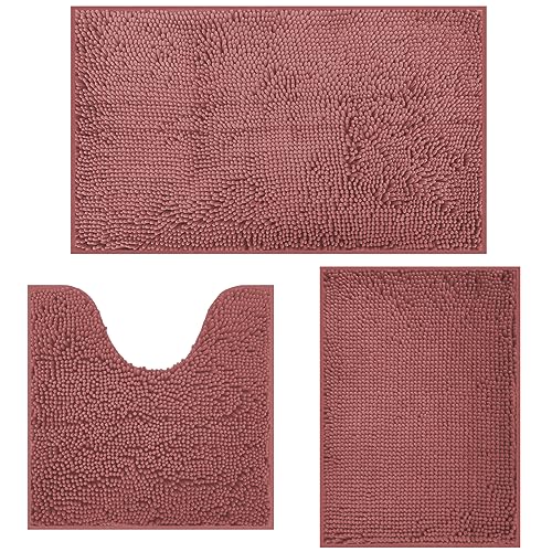 Bathroom Rugs Sets 3 Piece, Chenille Bath Rug Non-Slip Bath Mats Set with Soft Plush PVC Backing Water Absorbent Carpet 1'' Quick Dry Microfiber Toilet Mat, Dark Pink Dark Pink 3 piece