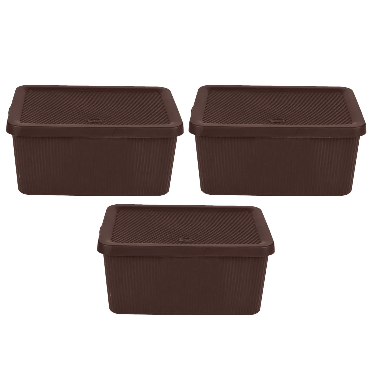 M1ss Brown Set Of 3 Small 7L Plastic Knitted Storage Basket With Lid, Stackable Organiser Lidded Bin Box For Nursery, Kids, Closet, Shelf, Shelves And Bathroom Storage (Brown)