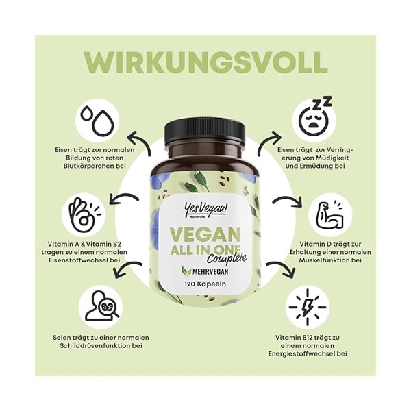 Vegan Multivitamin & Mineralien mit 14 Vitaminen u.a. B12, Jod, Eisen, Cholin (120 Kapseln hochdosiert) für Veganer… – Bild 3