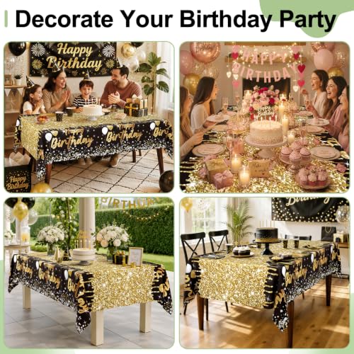 Image of Smiry Plastic Table Cloth Disposable 4 Pack, 54 x 108 Inch Rectangle Waterproof Tablecloth, Printed Gold Table Runner Style for Birthday Weeding, Party Decorations, Leakproof & Sturdy, Black and Gold