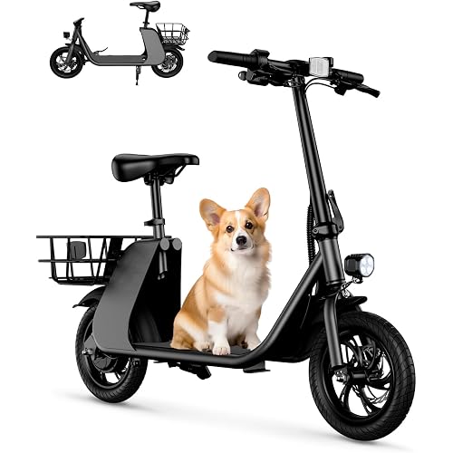 Windhorse Electric Scooter with Seat for Adults, 650W Peak Motor Up to 15.5 MPH & 20 Miles Range, Foldable Commuter E-Scooter with Dual Baskets for Pets & Cargo, 12.5" Tires, Max Load 265 lbs