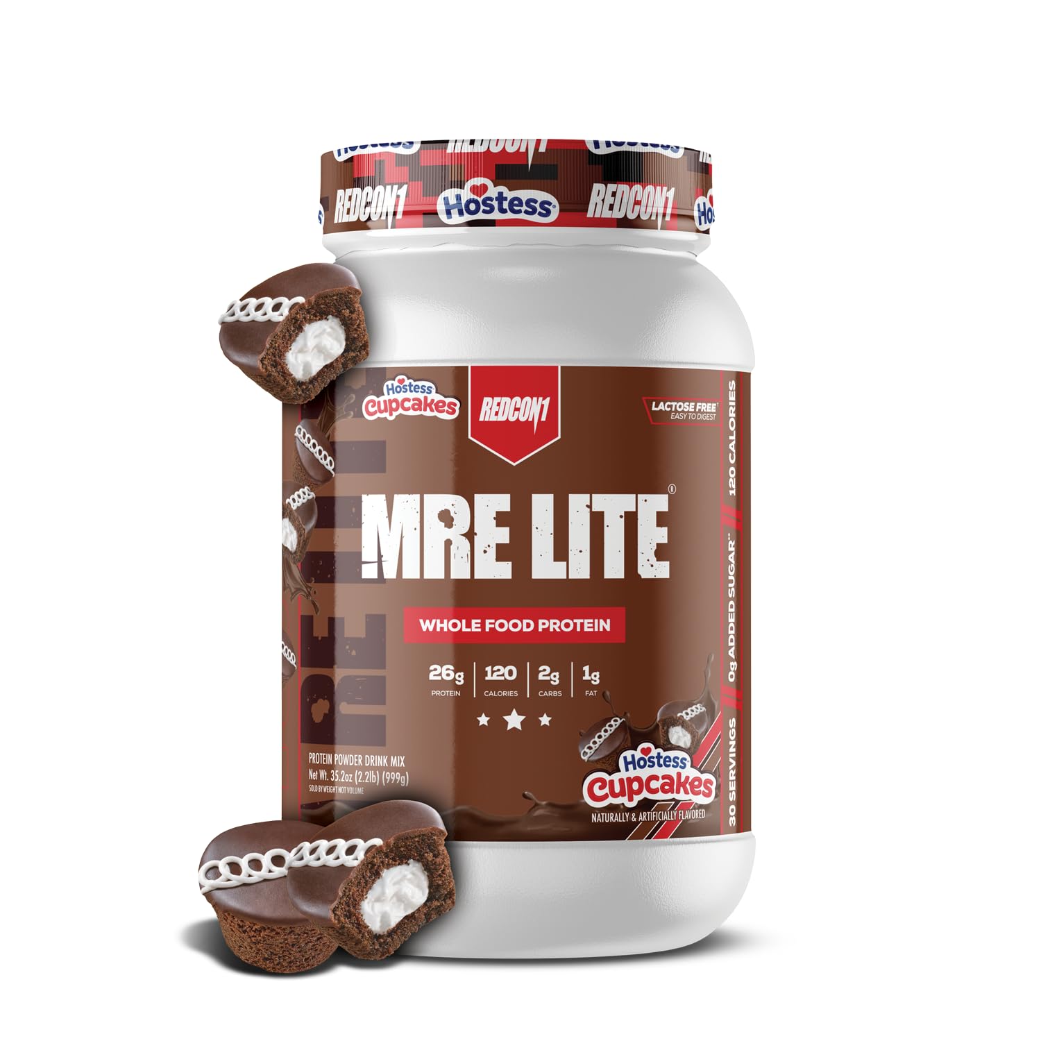 REDCON1 MRE Lite Hostess™ Cupcakes Whole Food Protein Powder - Lactose & Whey Free Meal Replacement with Animal Protein Blends - Easy to Digest Supplement Made with MCT Oils (30 Servings) Cupcakes - 30 Servings