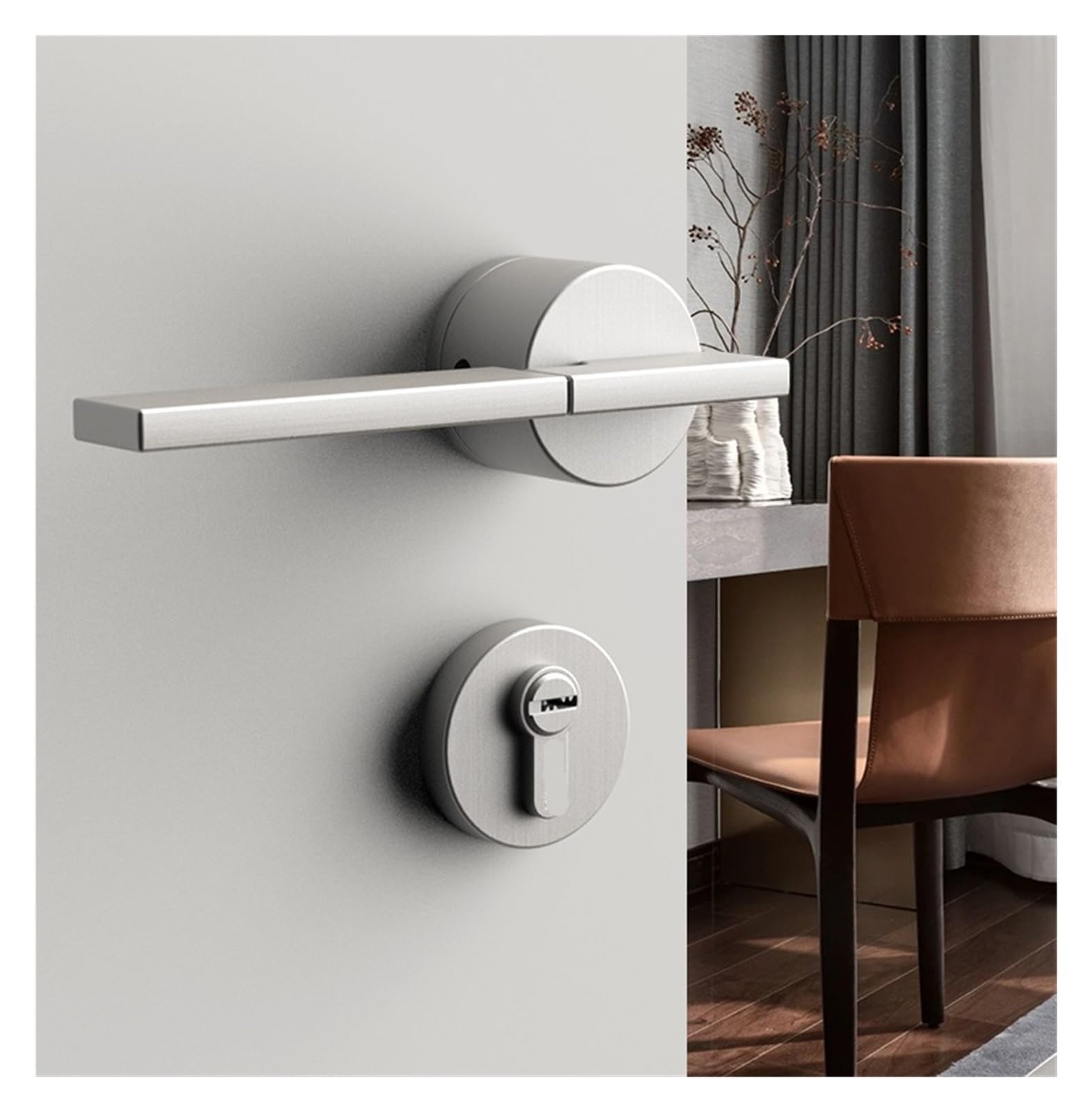 nxjaSDH Lock and Handle Sets, Indoor Door Lock Bedroom Handle Nickel Brushed Nordic Suitable for Thickness 35-50mm(Nickel Brushed,Without Key)