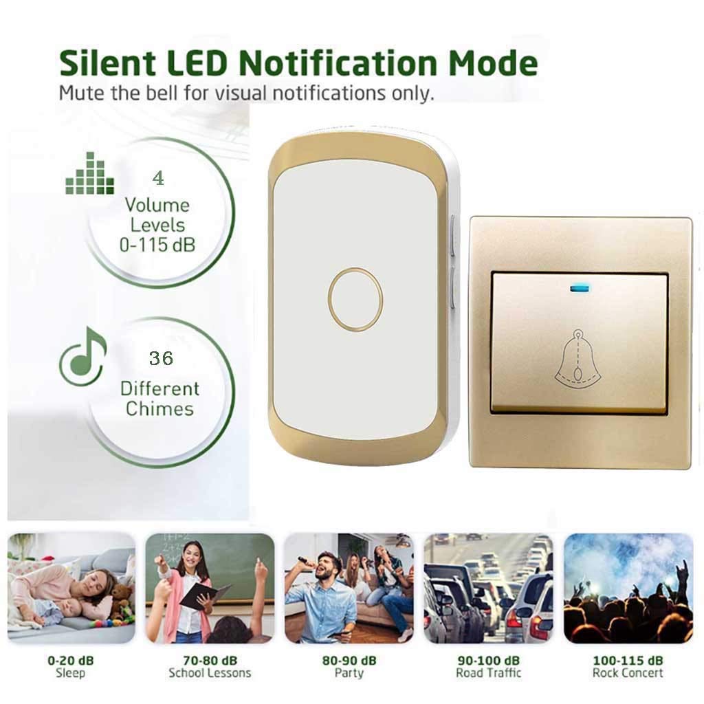 Timbre Inalámbrico para Puerta, Timbre De Casa AC 2 Transmisores 6 Receptores 36 Melodías Musicales / 4 Niveles De Ajuste De Volumen, Distancia De Transmisión De 300M (984FT),Oro