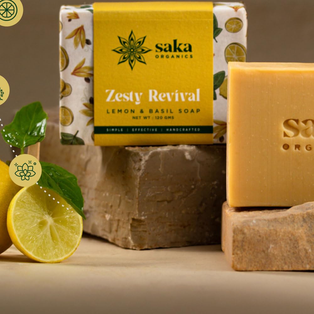 Saka Organics Zesty Revival Lemon-Basil Soap with Shea Butter | Handcrafted, Vegan & Plant-Based | Sulphate & Paraben-Free | Cleanses & Maintains Skin Freshness | 120g (Pack of 1) 2