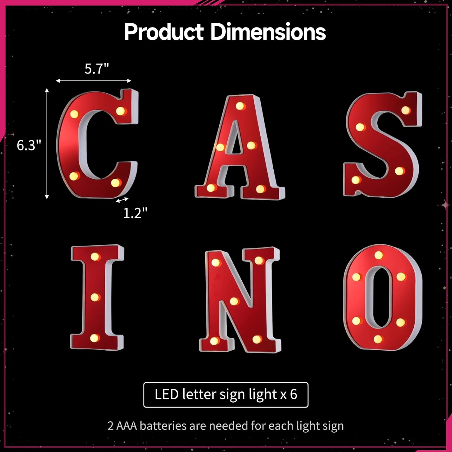 6 PCS Light Up LED Letters Sign Lights, Casino Party Decorations, Battery-Powered Marquee Lighted Signs, Alphabet LED Letter Lights for Night Party Tabletop Decor Supplies