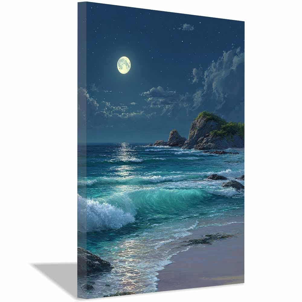 HOQIU Natural scenery wall art Moonlit Beaches es Wavess decorative painting, wall art, for Living Room Bathroom Bedroom Kitchen Decoration.(Multicolor)-30x40cm Framed