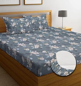NEW LEAF Premium Cotton Elastic Fitted Bedsheets with 2 King Size Pillow Covers | Double Bed with All Around Elastic 220 TC Supersoft |Size-72 King Sizex78+10 inches | Grey White Rose