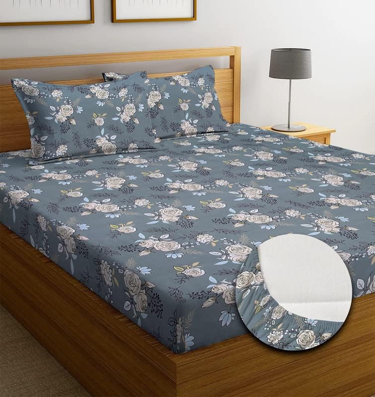 NEW LEAF Premium Cotton Elastic Fitted Bedsheets with 2 King Size Pillow Covers | Double Bed with All Around Elastic 220 TC Supersoft |Size-72 King Sizex78+10 inches | Grey White Rose