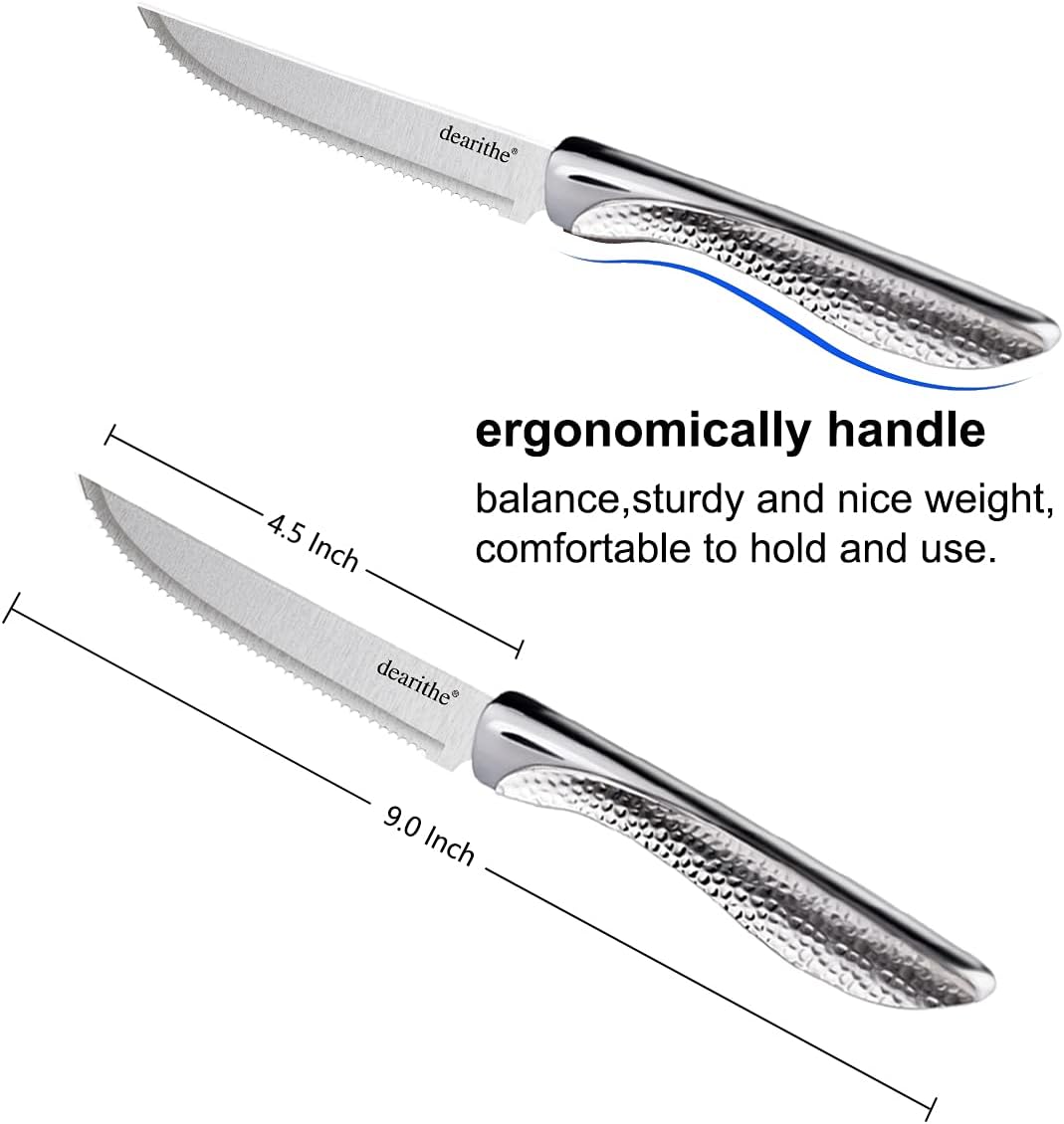 Serrated Steak Knives Set of 12, Stainless Steel Sharp Blade Flatware Steak Knife Set,4.5 In, Hammered Pattern Hollowed Handle,For Kitchen Restaurant Camping,Dishwasher Safe