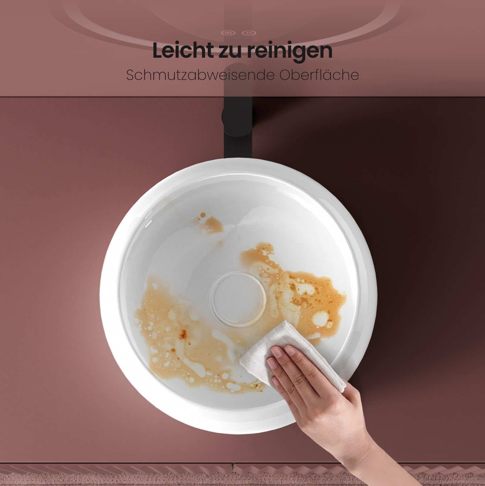 EMKE Lavabo da montare, Lavabo rotondo in ceramica, 360 x 360 x 120 mm, installazione sopra il piano, Bianco lucido, lavabo per bagno e WC ospiti