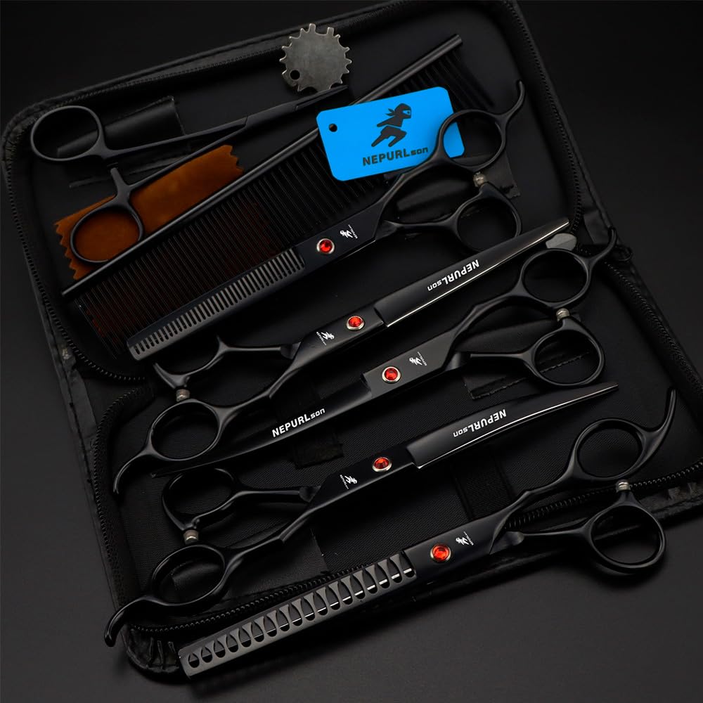 Professional Pet Grooming Scissors Set - Precision Cut, Thinning Shears, and Straight/Curved Scissors for Dogs and Cats - 6 Piece Kit (Schwarz)