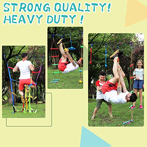 rainbow craft Ninja Line Obstacle Course - Heavy Duty Towing Strap Grade Ninjaline, Cargo Net, Ninja Wheel, Monkey Bar, Ninja Fists Holds & Ninja Rings - Kids Backyard Training Equipment Outdoor Play - Thumbnail 3
